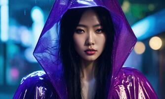 AI generated beautiful asian woman in purple raincoat walking in the city. ai generative photo