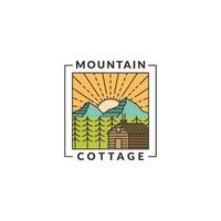 Mountain morning and cottage badge vector illustration with monoline or line art style