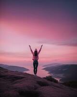 AI generated young woman hiker open arms on top of a mountain at sunrise. ai generative photo