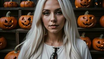 AI generated Beautiful young woman in black dress and hat on the background of Halloween pumpkins. ai generative photo