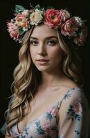 AI generated beautiful young woman with flowers in hair looking at camera isolated on grey. ai generative photo