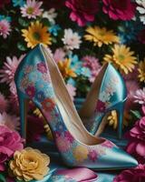 AI generated wedding shoes with high heels on a background of flowers. ai generative photo