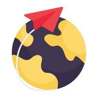 A colored design icon of paper plane with globe, global perspective vector