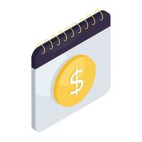 Icon of money with calendar, isometric design of payment day vector