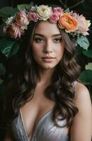 AI generated beautiful young woman with flowers in hair looking at camera isolated on grey. ai generative photo