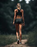 AI generated Athletic young woman running in a field at sunset. ai generative photo