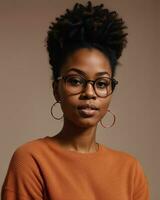 AI generated Beautiful african american woman with curly hairstyle and glasses. ai generative photo