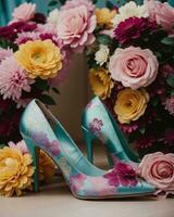 ai generado Boda Zapatos con alto tacones en un antecedentes de flores ai generativo foto