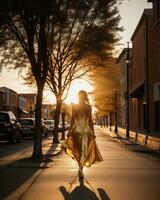 AI generated Beautiful young woman in a long yellow dress walking on the street at sunset. ai generative photo