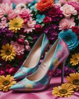 AI generated wedding shoes with high heels on a background of flowers. ai generative photo