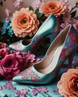 ai generado Boda Zapatos con alto tacones en un antecedentes de flores ai generativo foto