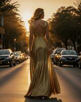 AI generated Beautiful young woman in a long yellow dress walking on the street at sunset. ai generative photo