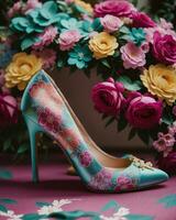 AI generated wedding shoes with high heels on a background of flowers. ai generative photo