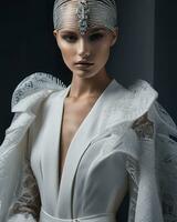 AI generated Beautiful young woman in futuristic costume. Beauty, fashion. Optics. ai generative photo