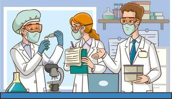 vector illustration group of scientists conducting experiments in science laboratory.