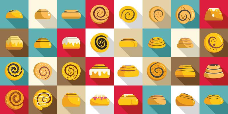 Cinnamon roll bun icons set flat vector. Food baked