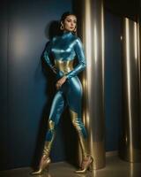 AI generated Beautiful young brunette woman in a blue latex suit posing in the studio. ai generative photo