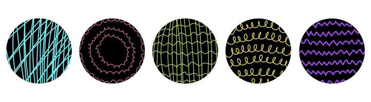 Vector Naive Doodle Patterns.Colored round stickers with hand-drawn pencil textures. Cross hatching