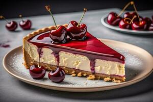 AI generated Cheesecake with cherries on a dark background. Toned. generative ai photo