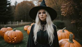 AI generated Beautiful young woman in black dress and hat on the background of Halloween pumpkins. ai generative photo