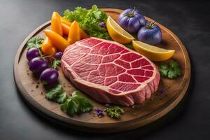 AI generated Raw beef sirloin steak with ingredients for cooking on wooden background. ai generative photo