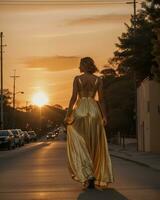 ai generado hermosa joven mujer en un largo amarillo vestir caminando en el calle a puesta de sol. ai generativo foto