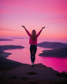 AI generated young woman hiker open arms on top of a mountain at sunrise. ai generative photo