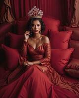AI generated Beautiful girl in a red dress with a crown on her head. ai generative photo