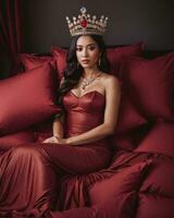 AI generated fashion interior photo of beautiful sensual woman with dark hair in luxurious dress and crown posing in bed. ai generative. ai generative