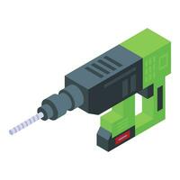 Green electric drill icon isometric vector. Fix instrument vector