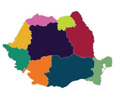 Romania map. Map of Romania in nine mains regions in multicolor vector