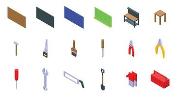 Garage tools board icons set isometric vector. Interior workshop vector