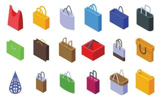 Reusable market shopper icons set isometric vector. Tote bag vector