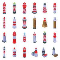 Beacon tower cliff icons set isometric vector. Rock lighthouse vector