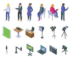 Blogger interview icons set isometric vector. Live streaming vector