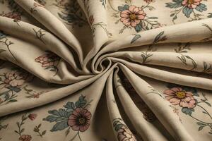 AI generated Crumpled beige fabric with floral pattern, closeup view. ai generative photo