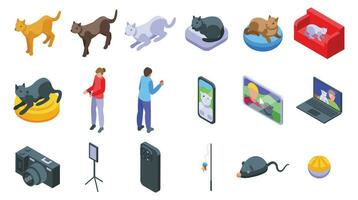 Blogger cat icons set isometric vector. Vet camera recording vector