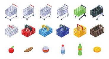 consumidor carro tienda de comestibles íconos conjunto isométrica vector. compras cesta vector