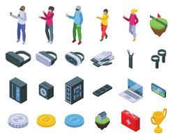 Metaverse game p2e icons set isometric vector. Vr man play vector