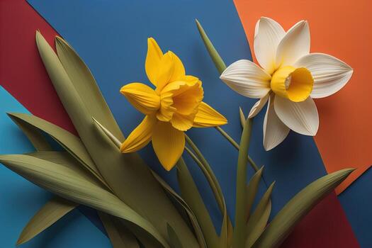 AI generated Daffodils on blue and orange background. Spring flowers. generative ai photo