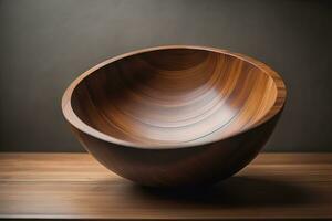 AI generated Empty wooden bowl on wooden background. Top view. Copy space. ai generative photo