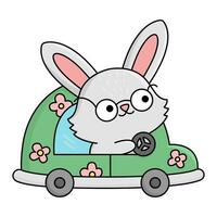 Vector Easter bunny icon for kids. Cute kawaii rabbit illustration. Funny cartoon hare character. Traditional spring holiday symbol in glasses driving a green car with pink flowers