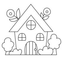 Vector black and white kawaii country house icon for kids. Cute line Easter symbol illustration or coloring page. Funny cartoon cottage with trees and flowers. Adorable spring garden clipart