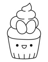 Vector black and white Easter cupcake for kids. Cute line kawaii cup cake with cream and eggs. Funny cartoon character. Traditional spring holiday dessert illustration or coloring page