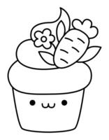 Vector black and white Easter cupcake for kids. Cute line kawaii cup cake with cream, flower and carrot. Funny cartoon character. Traditional spring holiday dessert illustration or coloring page