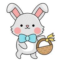 Vector Easter bunny icon for kids. Cute kawaii rabbit illustration. Funny cartoon hare character. Traditional spring holiday symbol with basket