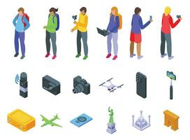 Travel blogger icons set isometric vector. Phone young vector