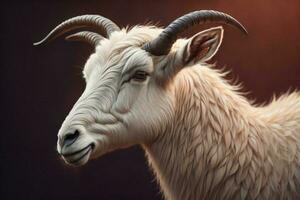 AI generated Portrait of a white goat with horns on a dark background. ai generated photo