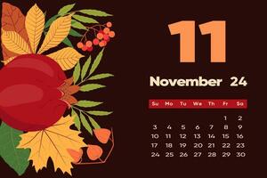 Floral November 2024 calendar template. With bright colorful flowers. vector