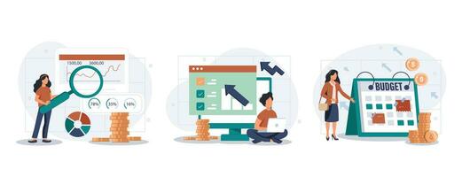 Sales performance isolated set. Financial profit growth, increase in earnings. People collection of scenes in flat design. Vector illustration for blogging, website, mobile app, promotional materials.